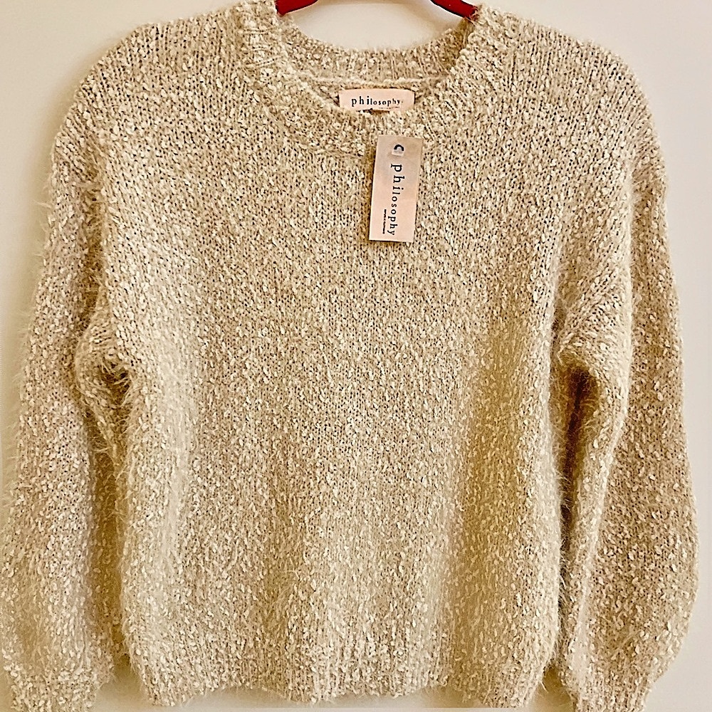 NWT Philosophy Cream and Tan Long Sleeve Knit Sweater Size Medium